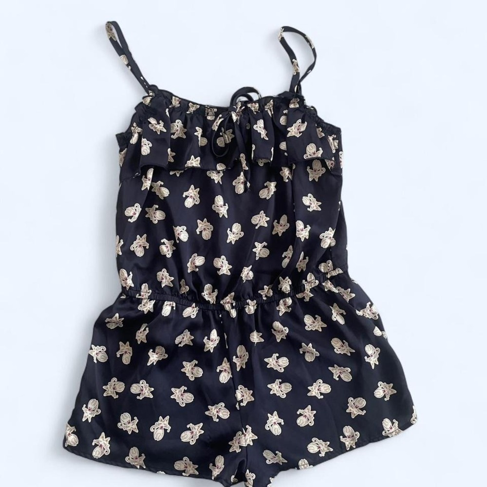 Cartoon cat print navy satin romper jumpsuit size S by Forever 21‎